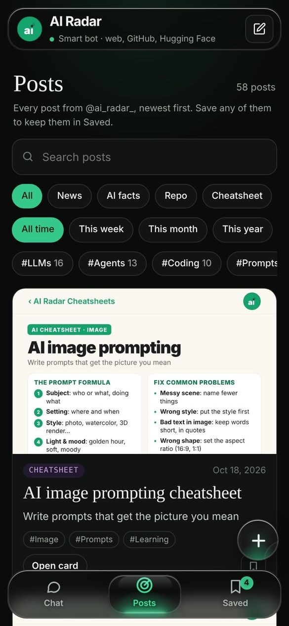 Posts screen with every AI Radar post and filters