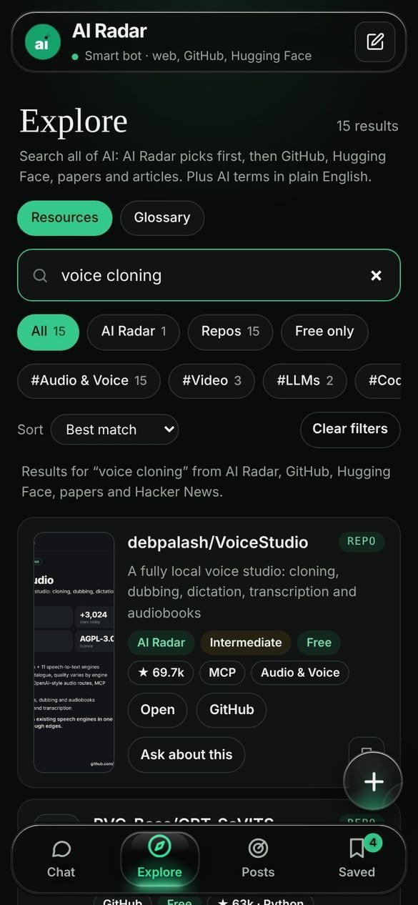 Explore: search results for voice cloning with filters for topic and free tools
