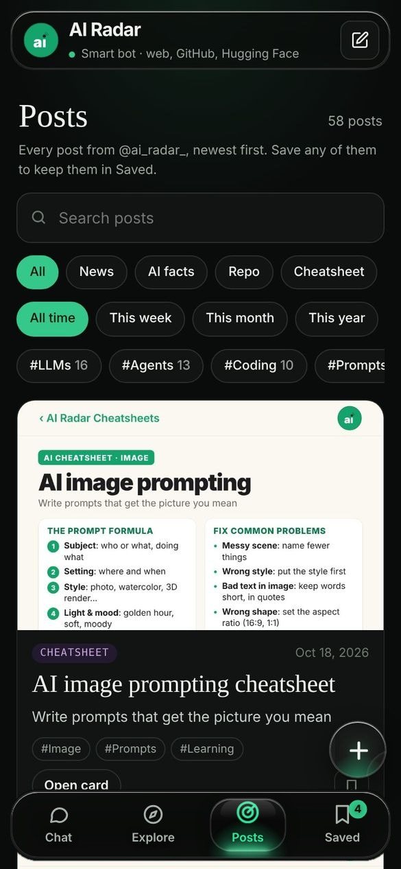 Posts: the AI Radar feed with type, date and topic filters